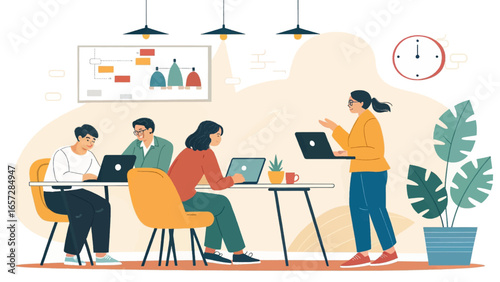 Diverse team collaborates in a modern office, engaged in a productive meeting or presentation. Ideal for business, technology, education, and teamwork concepts.