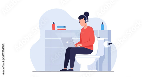 Focused person works remotely from home, using a laptop and headphones while sitting on a toilet. Represents work flexibility and unconventional spaces.
