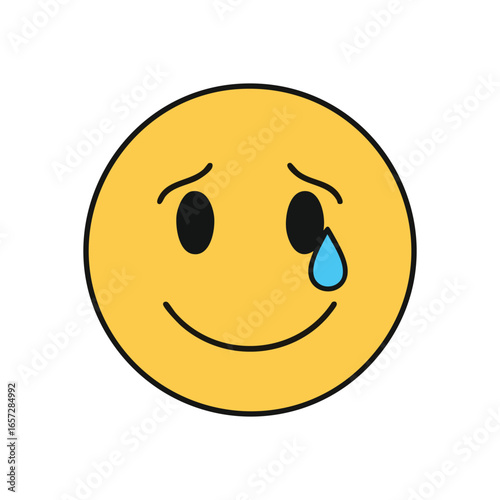 Smiling Face with Tear Drop. This poignant illustration features a cheerful yellow visage with a lone blue droplet, conveying a mix of sorrow and concealed joy. Ideal for empathetic content.