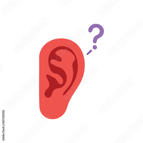 Ear Hearing Question Mark Icon. Vibrant graphic of a human auditory organ with an inquiry symbol, conveying listening challenges, sound confusion, or a query about understanding.
