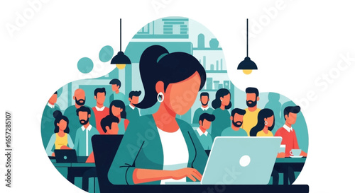 Professional woman works on laptop in a dynamic office or coworking space, surrounded by diverse colleagues. Represents productivity, teamwork, and modern business environment.