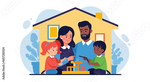 Happy family spending quality time at home, parents watching children play with building blocks. Represents love, learning, and secure childhood.