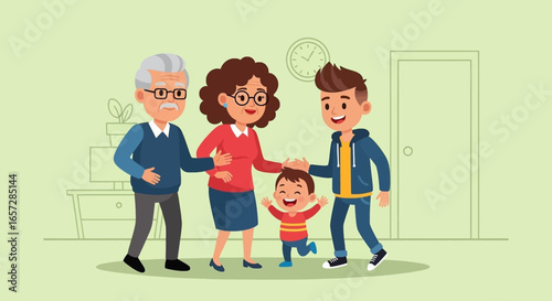 Joyful multi-generational family with grandparents, parents, and child interacting happily at home. Represents love, support, and togetherness.