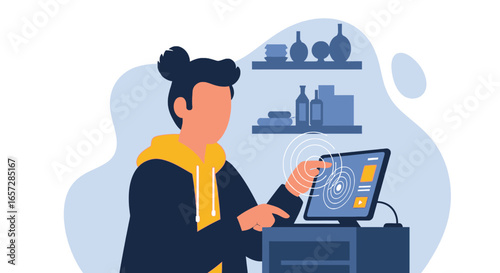 Person uses a touch screen tablet to control smart home features, illustrating modern technology, digital interaction, and convenient lifestyle management.