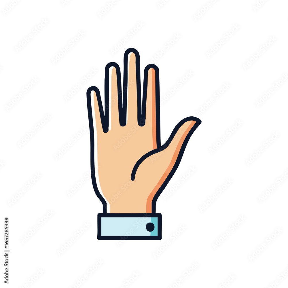 Fototapeta premium Open Hand Stop Gesture. A modern flat illustration featuring an outstretched palm with extended fingers. This human appendage conveys concepts like halt, warning, or refusal.