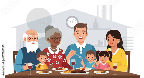 A happy multi-generational family enjoys a heartwarming meal together at home, symbolizing togetherness, love, and tradition. Ideal for lifestyle and relationship themes.