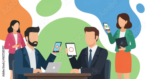 Business professionals collaborate, utilizing mobile technology and digital devices for communication and data exchange in a modern office environment.