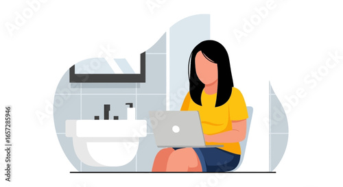 Woman on toilet using laptop, depicting remote work, multitasking, or challenges of work-life balance in modern society. Humorous lifestyle.