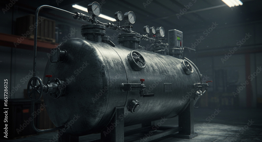 Obraz premium Industrial pressure vessel with gauges and valves in a dimly lit workshop setting