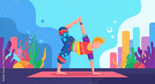Vibrant illustration of a person practicing a challenging yoga pose on a mat, symbolizing flexibility, health, and mindfulness for a balanced lifestyle.