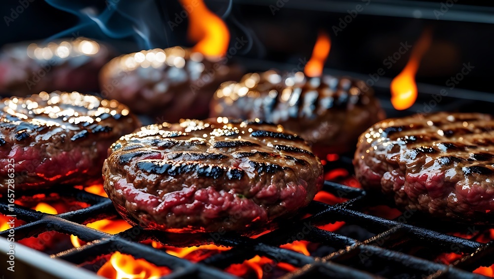 Juicy beef patties sizzling on a hot grill with flames Juicy beef patties sizzling on a hot grill with flames