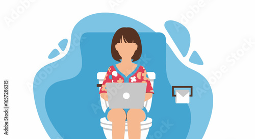 Woman focused on her laptop while sitting on a toilet, illustrating remote work, multitasking, or internet usage in private spaces. Modern lifestyle concept.