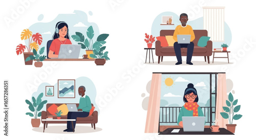Diverse people work remotely from home, highlighting digital lifestyles, online learning, and flexible work. Represents telecommuting, comfort, and modern connectivity.