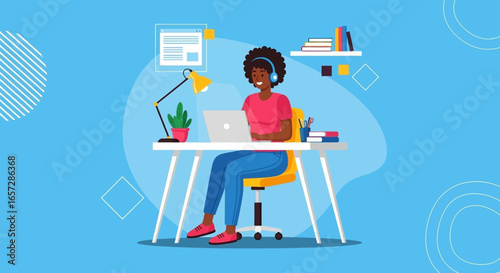 A cheerful Black woman works from home on her laptop, wearing headphones. Ideal for remote work, online education, or modern digital lifestyle concepts.