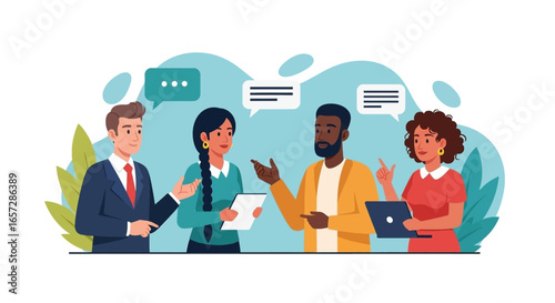 Diverse business team collaborating and communicating, exchanging ideas during a meeting. Ideal for business, teamwork, and discussion concepts.