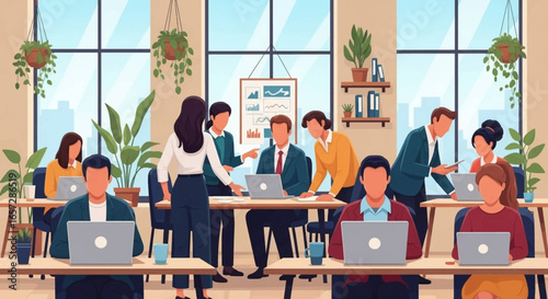 Diverse team of business professionals collaborating in a bright, modern office. Ideal for concepts of teamwork, productivity, and modern workplace success.