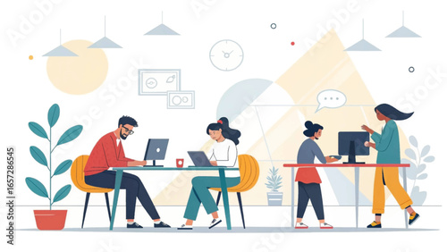 Diverse team collaborating in a modern co-working office. Illustrates productivity, teamwork, and a contemporary business environment for tech and lifestyle concepts.
