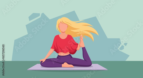 Blonde woman in vibrant activewear practicing a challenging yoga pose on a mat, emphasizing balance, flexibility, and wellness. Ideal for health, fitness, or lifestyle content.