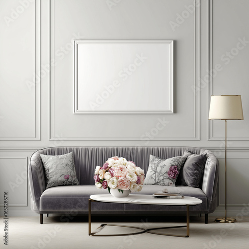 White Frame Blank Mockup Template in a Chic Luxurious Contemporary Living room