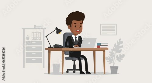 Happy Black businessman working diligently at his office desk with a laptop. Represents productivity, remote work, success, and professional life.