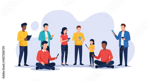 Diverse group of people, including a child, engaged with smartphones and tablets, representing digital communication, online learning, and modern lifestyle.