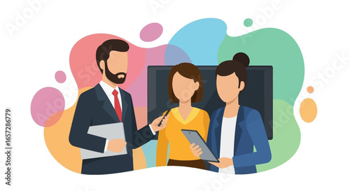 Business professionals collaborating, discussing ideas, and presenting information in a dynamic work environment. Ideal for corporate communication.