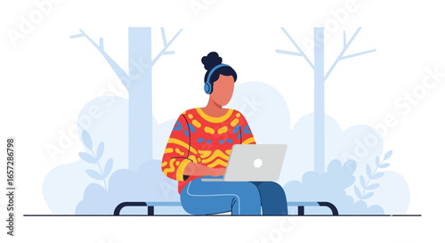 Person working remotely outdoors with laptop and headphones. Represents flexible work, digital nomad lifestyle, online education, or leisure.