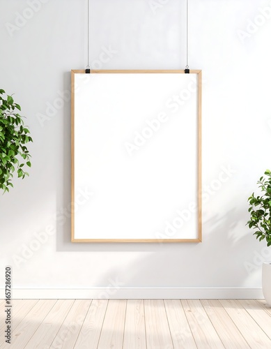 Blank wooden frame hangs on white wall in bright room with potted plants, creating a minimalist and modern aesthetic for showcasing art or photography.