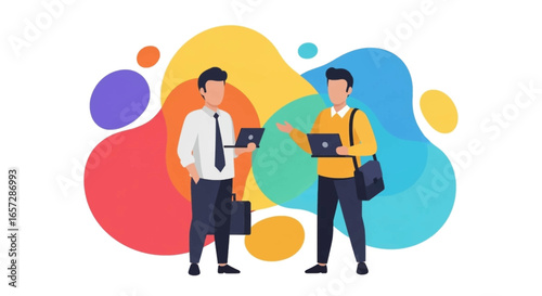 Two professionals with laptops engage in discussion against a vibrant abstract background, representing collaboration, technology, and modern business.