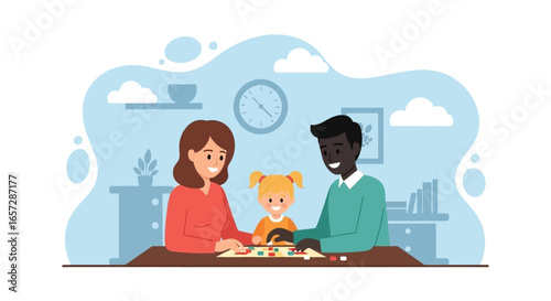 A happy diverse family enjoys quality time playing a board game together at home, symbolizing fun, learning, and togetherness. Perfect for family, lifestyle, and education concepts.