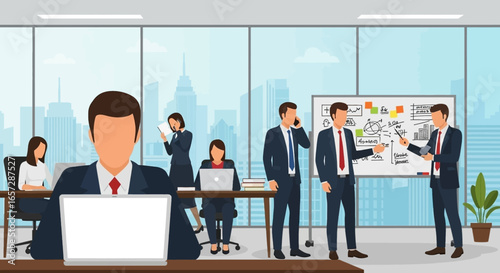 Business professionals collaborate and work in a modern office, featuring a team presentation, individual tasks, and city views. Ideal for corporate productivity and teamwork concepts.