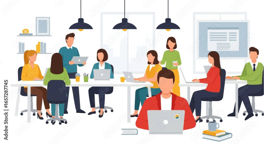 Naklejka premium Diverse business professionals collaborating in a modern open-plan office. Ideal for concepts of teamwork, innovation, startup culture, and corporate productivity.