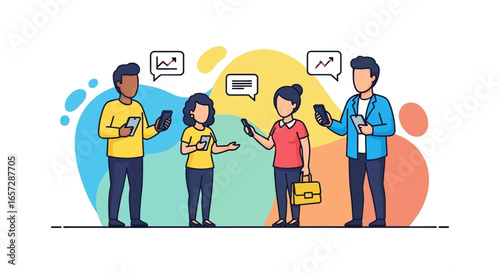 Diverse professionals communicating and exchanging data on smartphones. Represents modern business, digital connection, and social networking concepts.