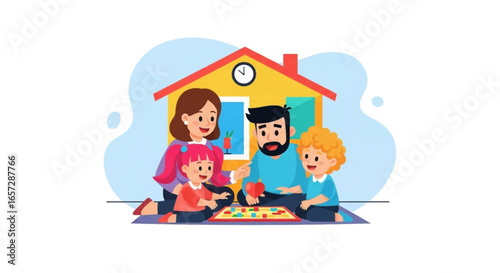 Happy family enjoying quality time together at home, playing a board game. Depicts joy, bonding, and cozy domestic lifestyle.
