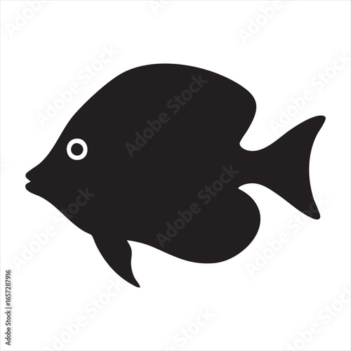 A simple black silhouette of a tropical angelfish with a distinctive white eye, showcasing its elegant form