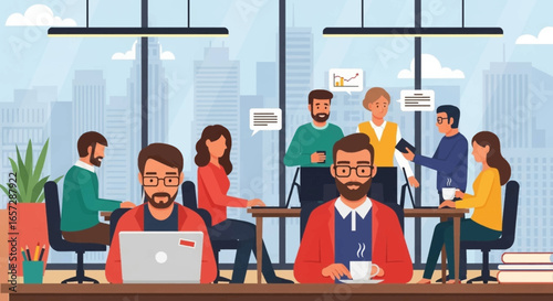 Diverse team of professionals collaborating in a modern open-plan office with cityscape views, symbolizing teamwork, productivity, and a dynamic business environment.