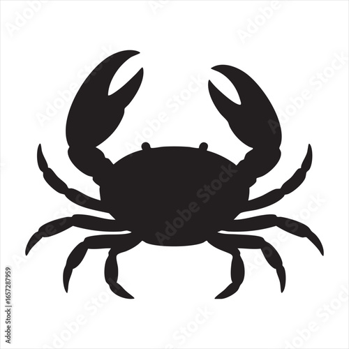 A stark black silhouette of a crab with its claws raised, showcasing its distinctive shape
