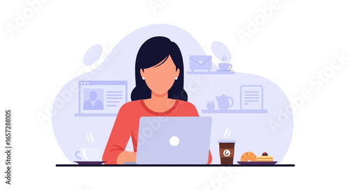 Productive woman working remotely on laptop with coffee and pastries. Illustrates home office, digital work, and flexible lifestyle.