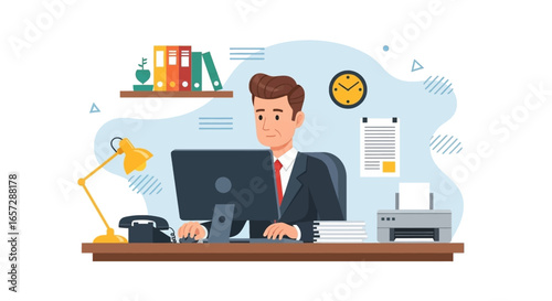 Focused businessman working diligently at his office desk with computer, phone, and printer. Ideal for corporate life and productivity.