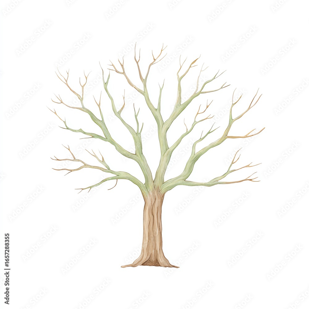 Obraz premium A stark, leafless tree stands tall against a white background, its branches reaching towards the sky. A symbol of winters quiet strength.