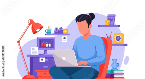 Person working remotely on a laptop in a cozy home office, focused on tasks and productivity. Ideal for themes of online business, education, and flexible work.