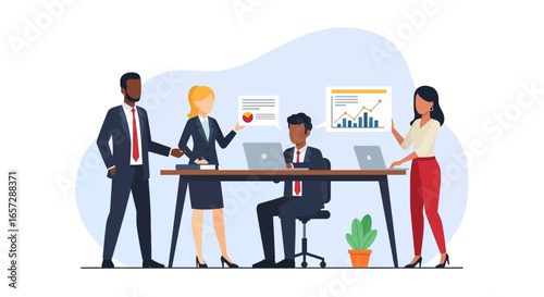 Diverse business team collaborating in an office meeting, analyzing data and strategizing for growth. Concept of teamwork, finance, and corporate success.