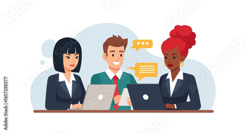 Diverse business professionals collaborate effectively in a modern office setting, showcasing teamwork, communication, and digital productivity.