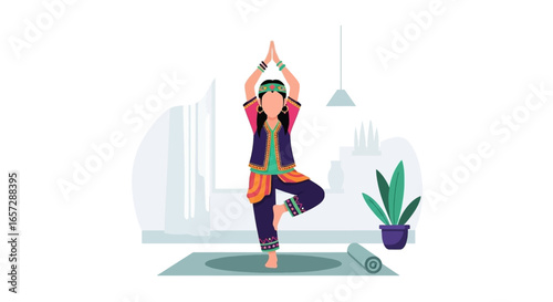 Woman in vibrant traditional attire practicing a tranquil yoga pose for balance and wellness. Ideal for lifestyle, fitness, and cultural themes.