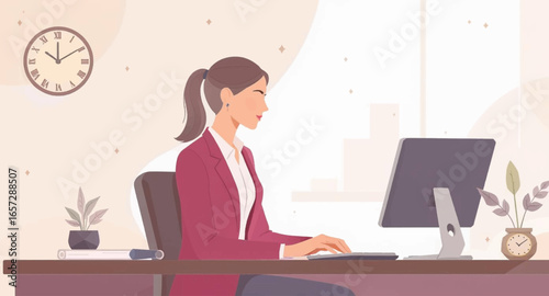 Professional woman working diligently at her desk in a modern office, typing on a computer. Represents productivity, business, and remote work.