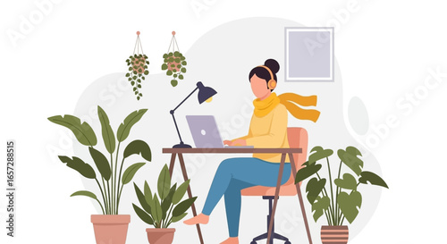 Woman working efficiently on laptop from her comfortable home office, surrounded by lush plants. Ideal for remote work, education, or freelance concepts.