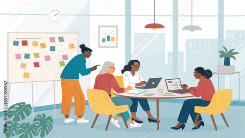 Diverse team of professional women collaborate in a modern office, brainstorming ideas and developing strategies for business growth and innovation.