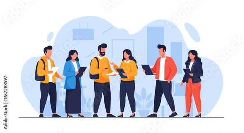 A diverse group of professionals collaborates in a modern office setting, discussing ideas and planning projects. Ideal for business, teamwork, and corporate concepts.