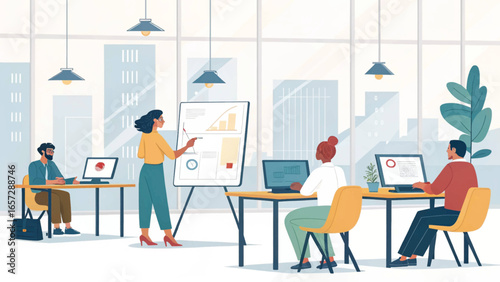Diverse business team collaborating in a bright, modern office. A woman presents data on a whiteboard while colleagues work, symbolizing teamwork and corporate success.