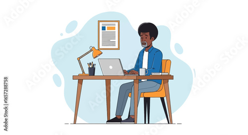 Professional Black man working diligently on his laptop at a modern home office desk. Ideal for remote work, business, and technology concepts.